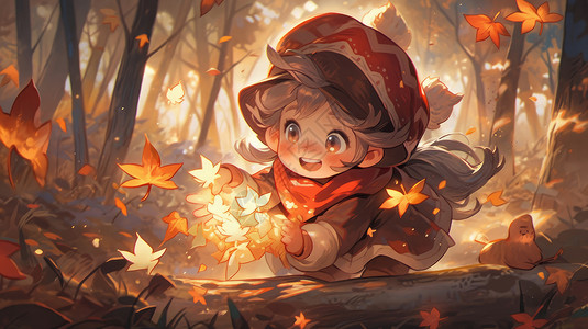在森林中看见发光树叶的可爱卡通女孩背景图片
