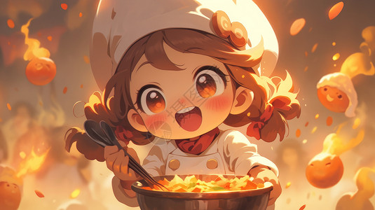 正在搅拌菜开心笑的卡通小厨师背景图片
