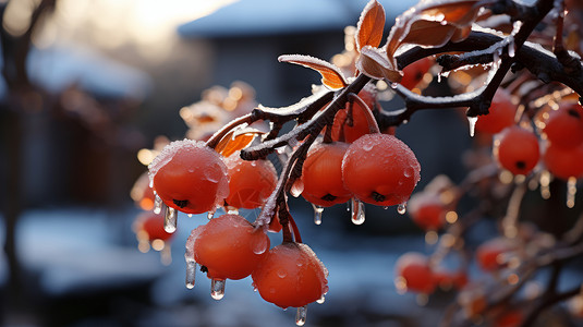 秋天被霜打过在树上的橙色果实插画