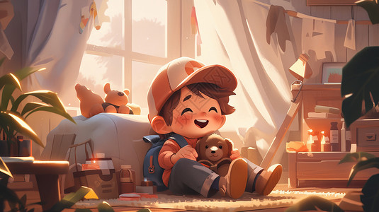 抱玩具熊男孩戴棒球帽坐在房间抱着小熊开笑的卡通男孩插画