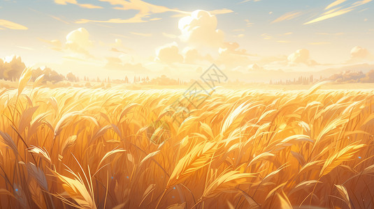 秋天一望无际金黄色的卡通麦子地图片素材