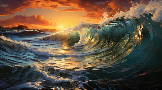 大海蓝色巨浪与美丽的夕阳背景图片
