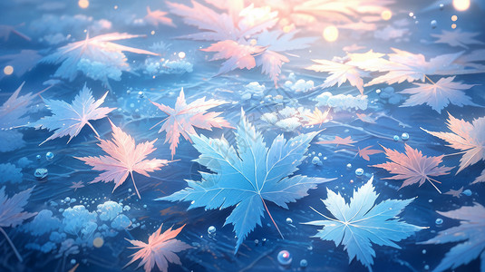秋天唯美漂亮的卡通枫叶被冰冻住背景图片