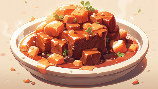 土豆红烧肉盘子中美味多汁的卡通红烧肉插画