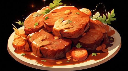 土豆红烧肉一盘美味的卡通红烧肉插画