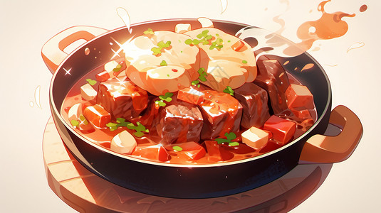 土豆红烧肉热乎乎美味的卡通红烧肉插画