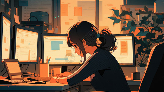 艺术工作傍晚坐在很多电脑屏前努力工作的卡通女孩插画