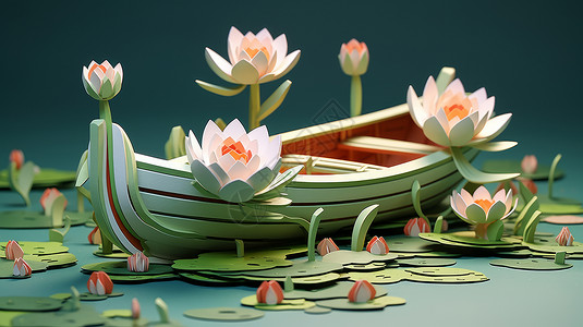 立体折纸船立体可爱的卡通小船与荷花插画