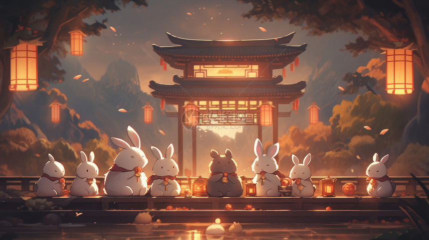 夜晚正在赏月的可爱卡通兔子们图片