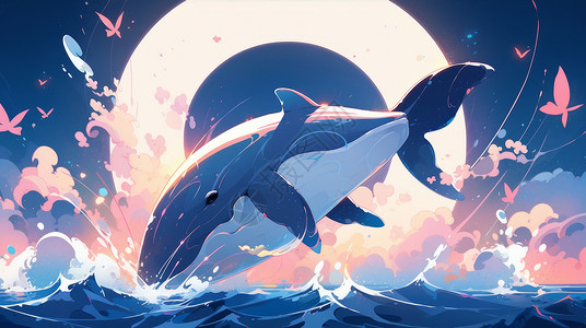 蓝色海豚大鱼大海中正在开心游泳的可爱大鱼插画