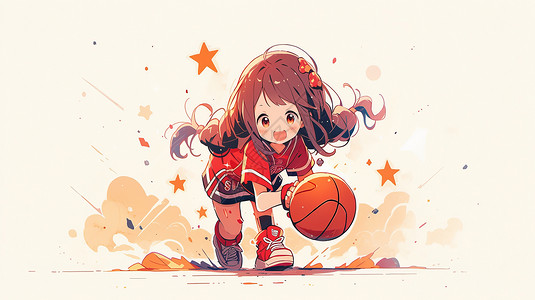可爱的长发卡通女孩在打篮球运动高清图片素材
