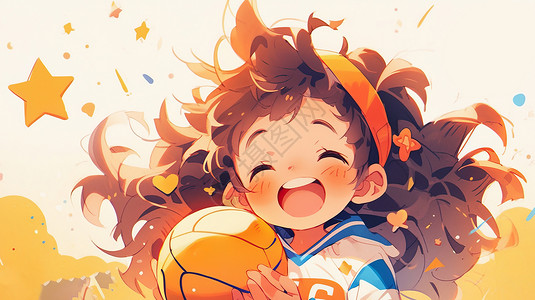 手拿排球开心笑的卡通女孩背景图片