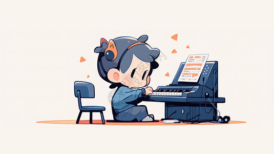 弹钢琴男孩正在弹钢琴的可爱卡通小男孩插画