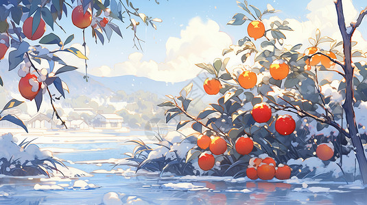 雪落树上冬天唯美的卡通果实在树上插画