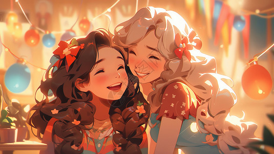 两个漂亮的长发女孩在一起开心笑背景图片