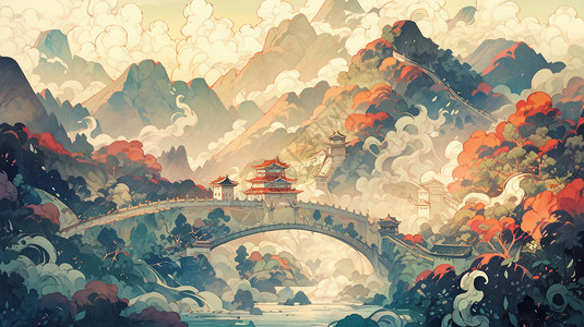 秋天深山中一座卡通古桥背景图片