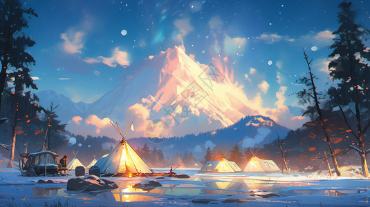 冰岛火山在湖边露营看极光唯美卡通风景插画