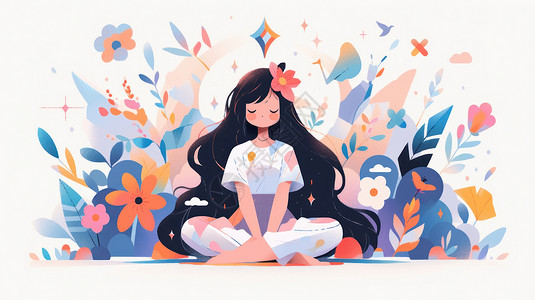 头戴花朵的长发卡通女孩在练瑜伽冥想高清图片素材