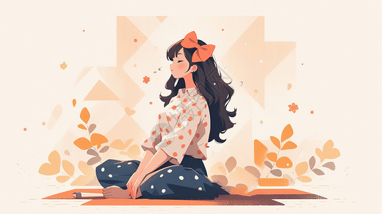 头戴红色蝴蝶结的长发卡通女孩在闲心静坐瑜伽高清图片素材