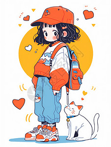 放学回家小女孩头戴橙色帽子背着的可爱卡通小女孩与宠物猫插画