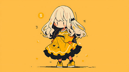 可爱的长发卡通小女孩穿黄色裙子高清图片