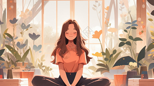坐在家里练瑜伽微笑的卡通女孩背景图片