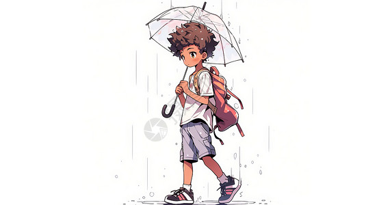 背着红色书包手拿透明雨伞的可爱卡通男孩插画