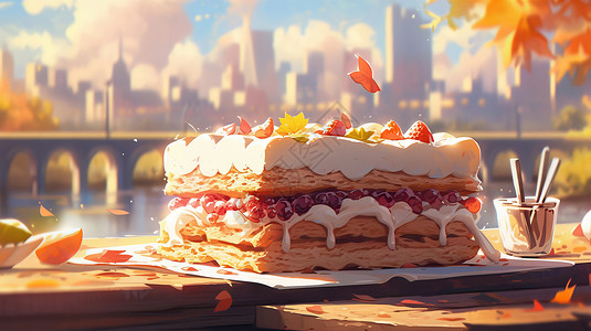 秋天有落叶的卡通蛋糕背景图片