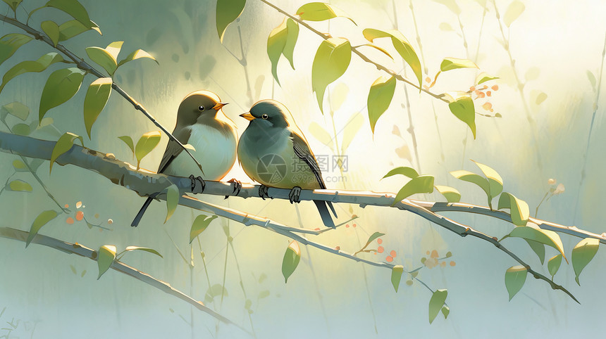 在树枝上两只可爱的卡通小鸟图片