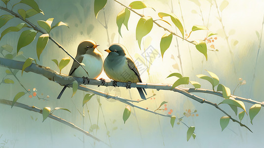 在树枝上两只可爱的卡通小鸟图片