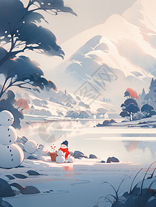 雪后唯美的卡通湖边对这几个雪人背景图片