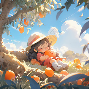 秋天躺在树下抱着水果睡觉的可爱卡通女孩高清图片