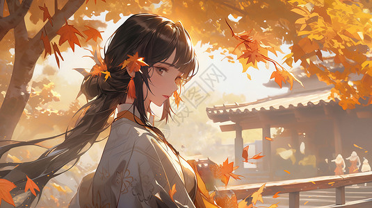 秋天站在枫树下的古风装扮卡通女孩背景图片
