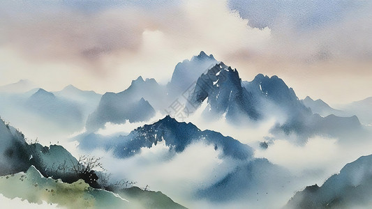 唯美的群山古风水彩画背景图片