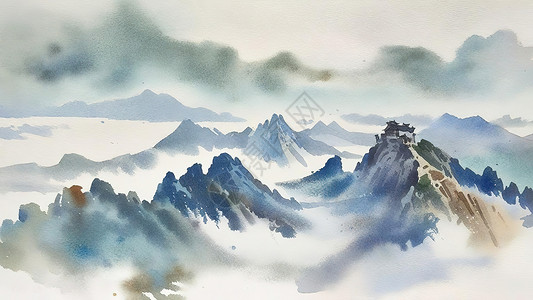 唯美水彩群山古风画背景图片