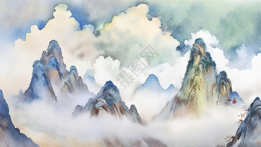 群山古风水彩画背景图片