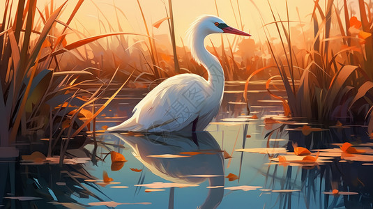 秋天站在河中的卡通白鹭鸟背景图片