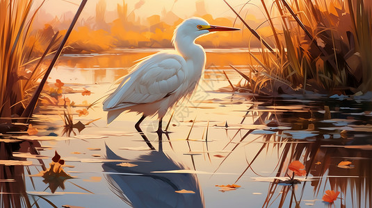 秋天可爱的卡通白鹭鸟站在河中背景图片