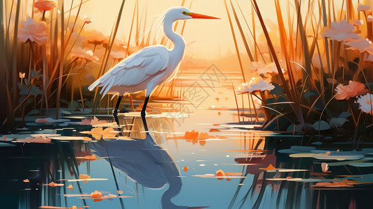 秋天漂亮的卡通白鹭鸟悠闲走在河中背景图片