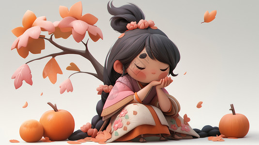 秋天坐在小树下休息的古风卡通女孩图片