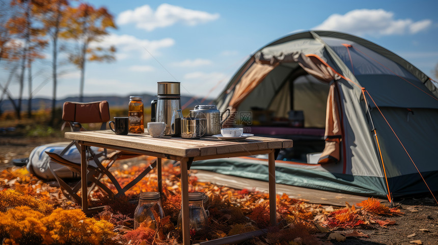 秋天在野外摆放的露营桌与扎好的帐篷图片