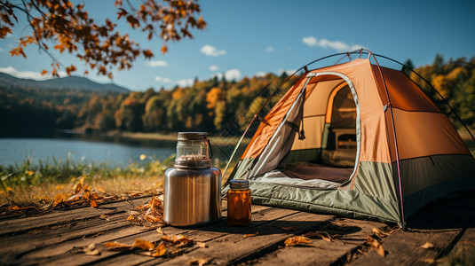 矮桌秋天在美丽的湖边露营插画