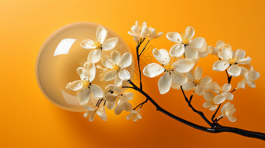 一枝白色漂亮的花朵与透明气泡图片