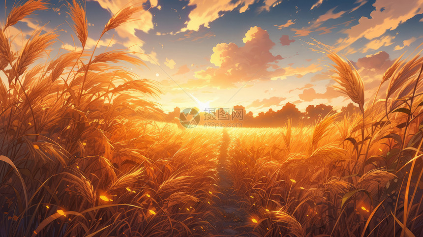 傍晚美丽的夕阳下金黄色丰收的卡通麦子地图片