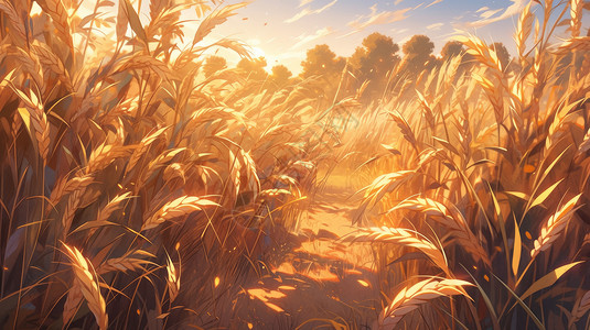 秋天金黄色的卡通麦子地背景图片