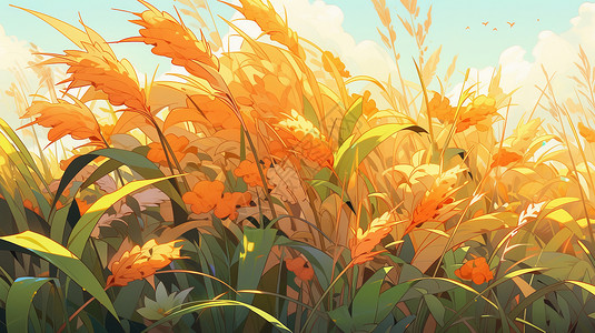 秋天蓝天白云下唯美的卡通麦子长在地中图片