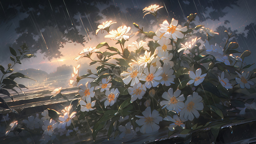 雨中一簇漂亮的卡通花朵图片