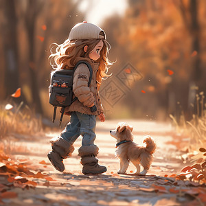 秋天背着包的长发卡通女孩与小狗走在小路上放学回家高清图片