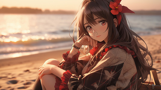 秋天傍晚坐在沙滩上欣赏风景的可爱卡通女孩背景图片