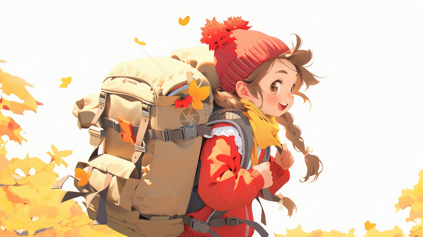 秋天戴着红色毛线帽背着登山包在森林中的可爱卡通女孩图片